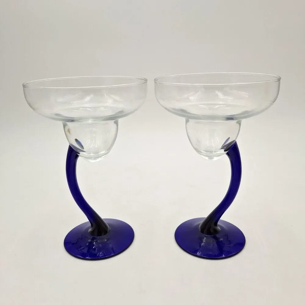 Libby Bravura Margarita Glasses Cobalt Blue Curved Stem 7.25